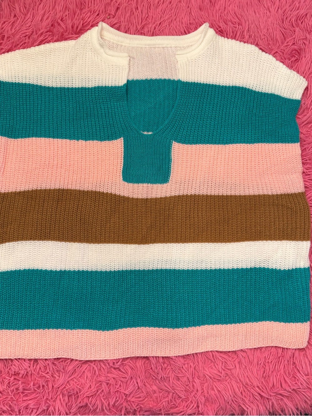 Striped Knit Sweater Vest in Teal, Pink, White & Brown